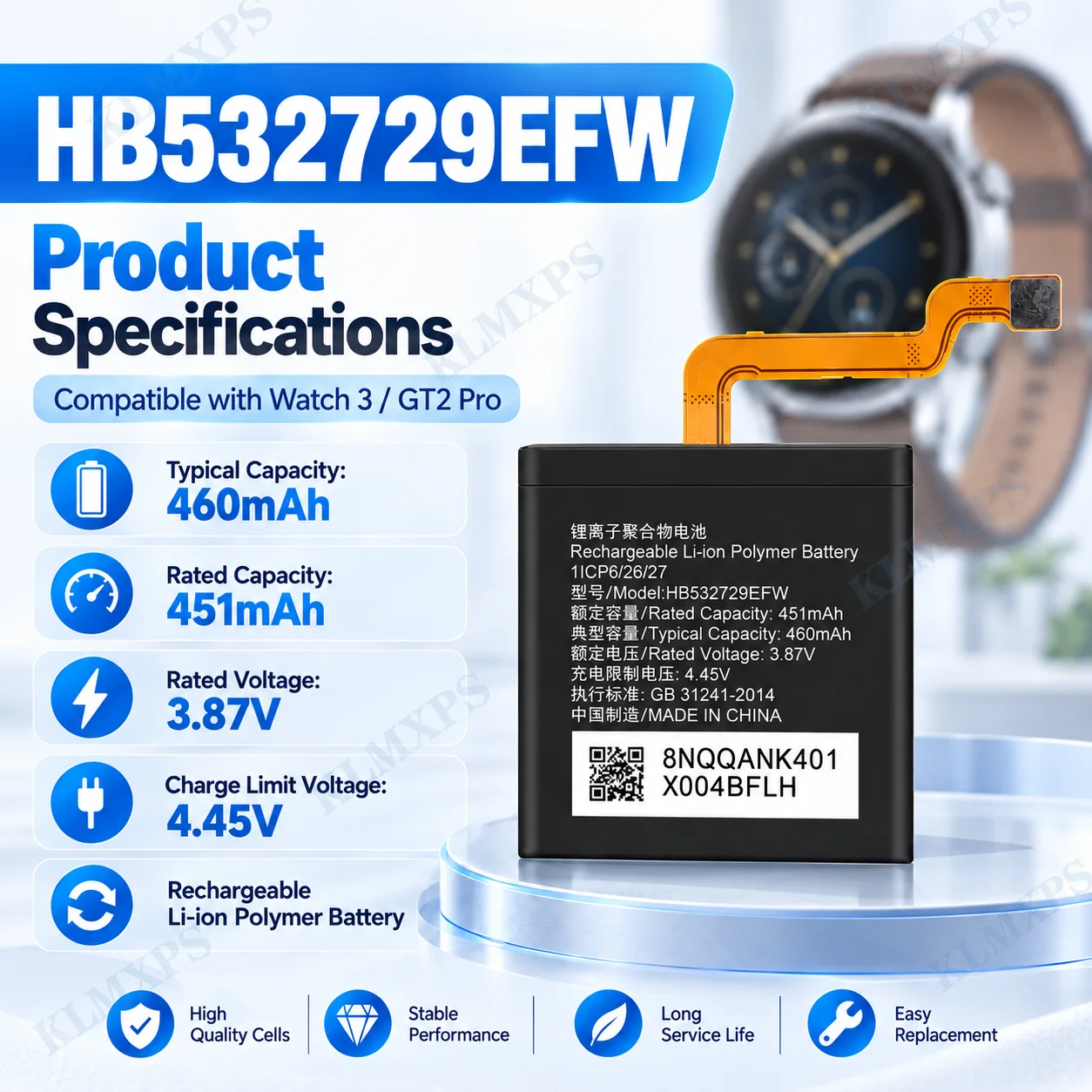HB532729EFW 460mAh 3.87V Replacement Battery for Huawei Watch 3 GT2 Pro Smart Watch Repair Rechargeable Battery