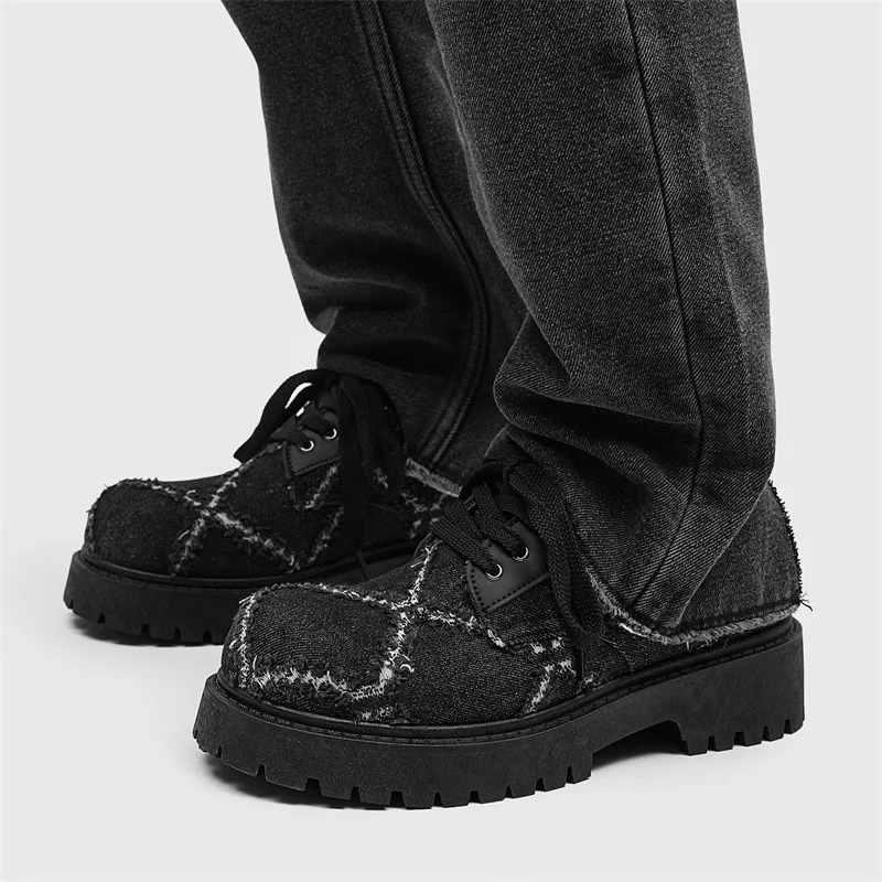 

Men's New Washed Denim Platform Round Toe Derby Shoes Casual Big Head Leather Shoes Niche Avant-Garde Streetwear Shoes for Men's
