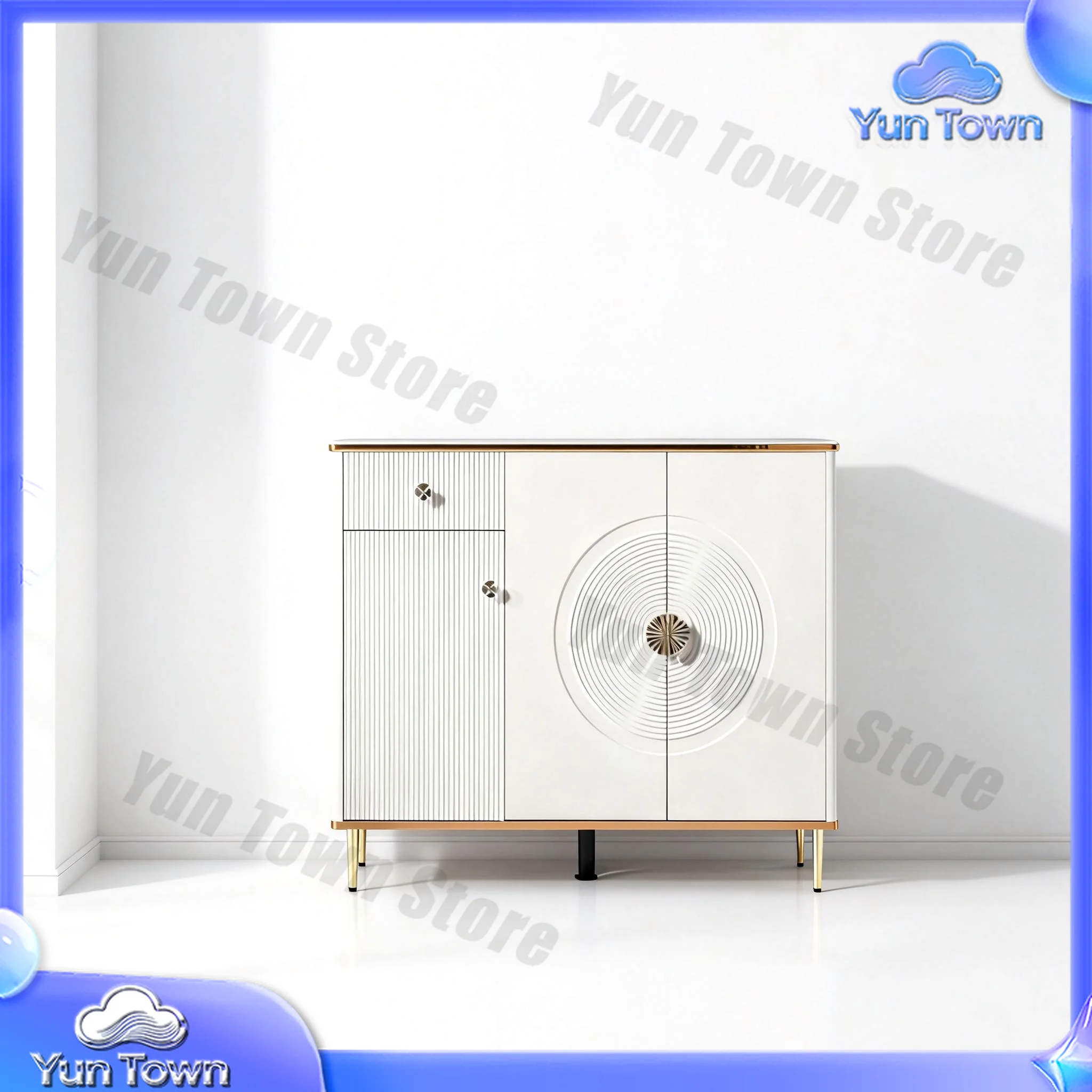 Durable wooden shoe cabinet, tiled top, 15mm MDF body, metal feet, vertical doors, round textured trim, modern style