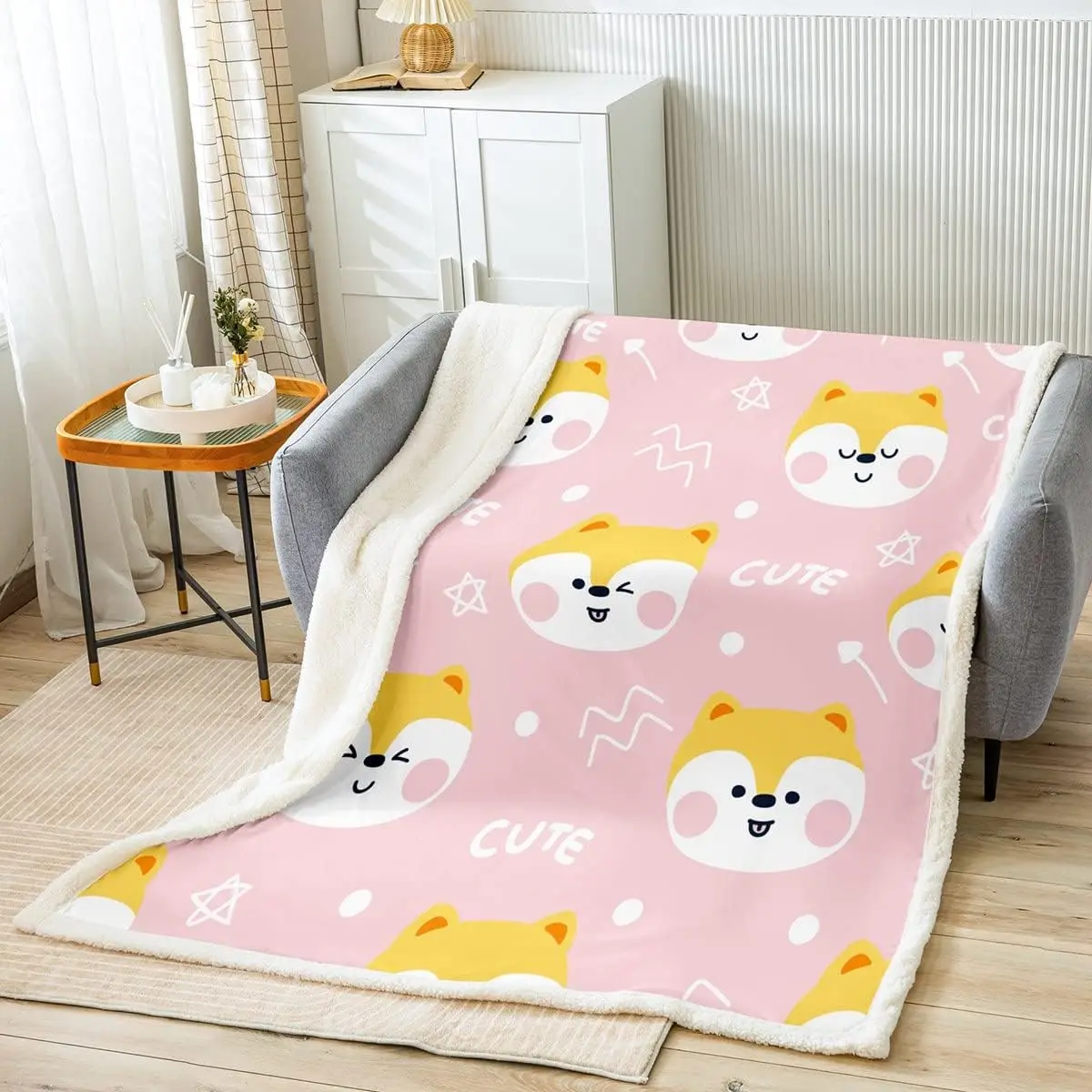 Cute Dogs Throw Blanket Kawaii Shiba Inu Pink Blanket for Couch Sofa, Cartoon Animal Bed Blanket for Kids Boys Girls