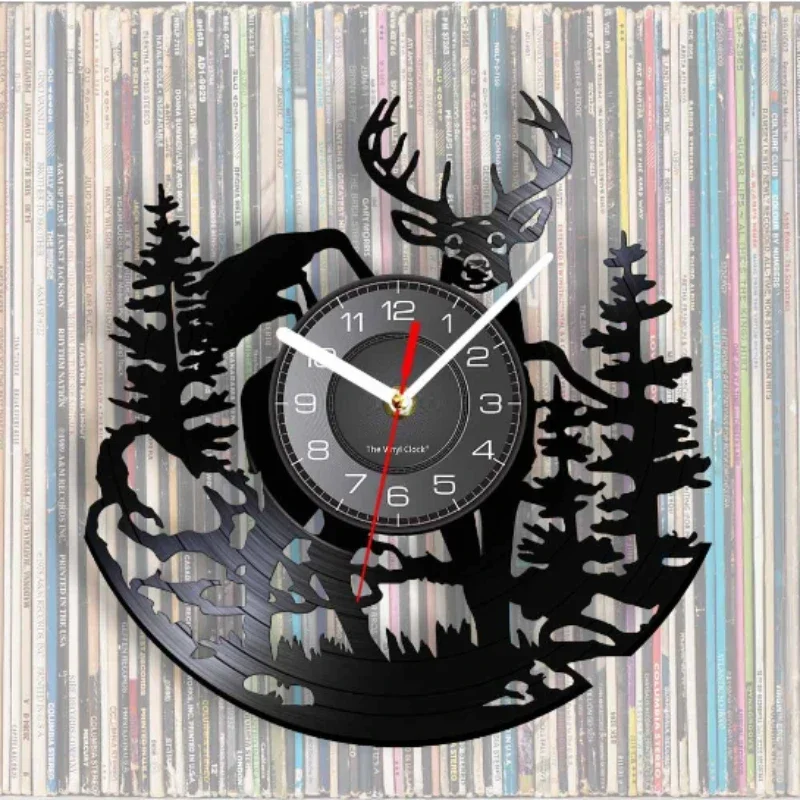 Forest Deer Vinyl Record Wall Clock LED Night Light Remote Control Art Creative Home Decoration Children's Gift Wall Clock view 3