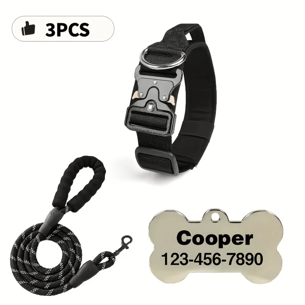 

Personalized Tactical Dog Collar Leash Set with Custom Engraved ID Tag Heavy-Duty Nylon Adjustable Pet Collar with Metal Buckle