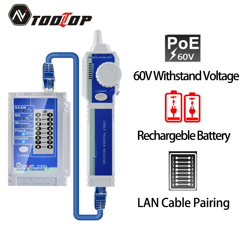 TOOLTOP ET608 LCD Tracer sieciowy RJ45 RJ11 Test zaciskania linii Tester kabla LAN 60V wytrzymuje narzędzia do naprawy sieci