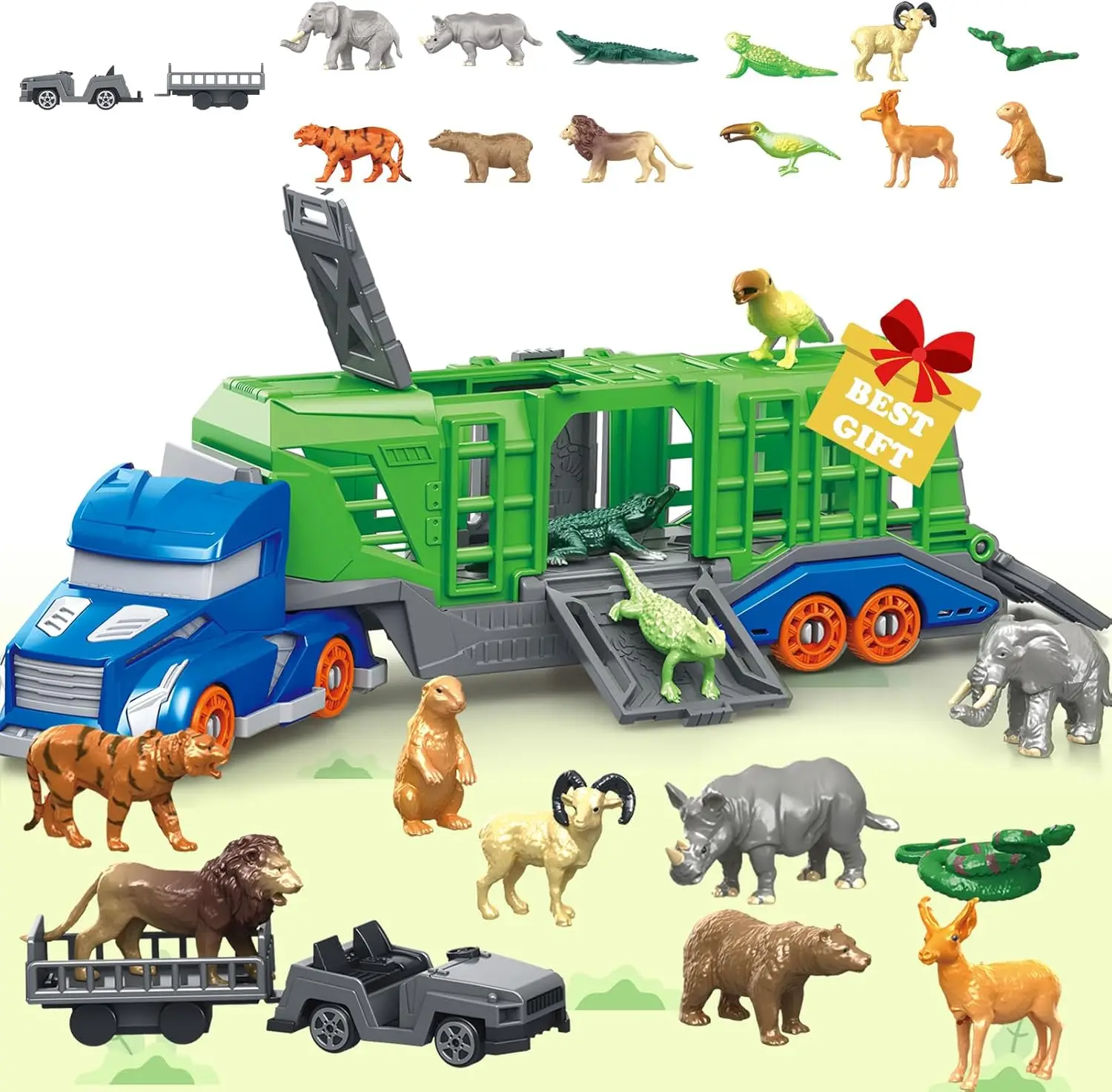 Dinosaur Animal Transport Vehicle Toy Set Includes 1 Transport Vehicle, 12 Dinosaurs or Animals, 2 Small Transfer Vehicles. the Transport Vehicle Features a Rotating Cab and 4 Doors That Can Be Opened. Suitable for Children over 3 Years Old to Stimulate Imagination and Develop Hands-On Skills. It Is a Great Gift for Christmas, Halloween, Thanksgiving, and Birthdays view 5