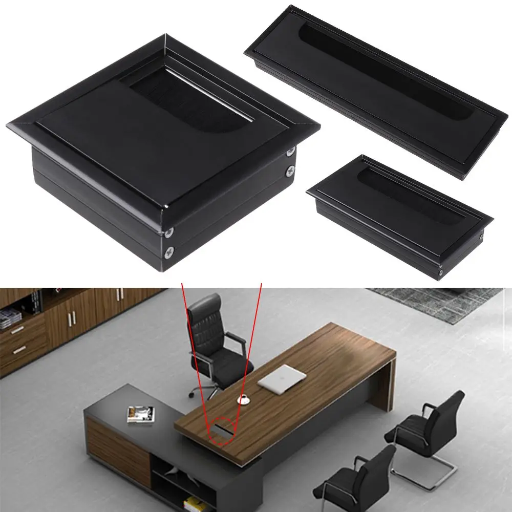 Aluminum Alloy PC Desk Rectangle Wire Cable Grommet Office Table Hole Cover Outlet Port with Black Brush