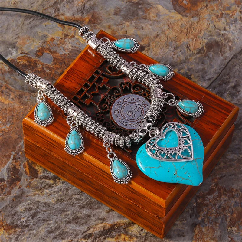 Aihua Böhmen Türkis Stein Herz Halskette für Frauen Halsband Collier Femme Ethnische Tibetischen Silber Halsketten Aussage Schmuck – Detail 4