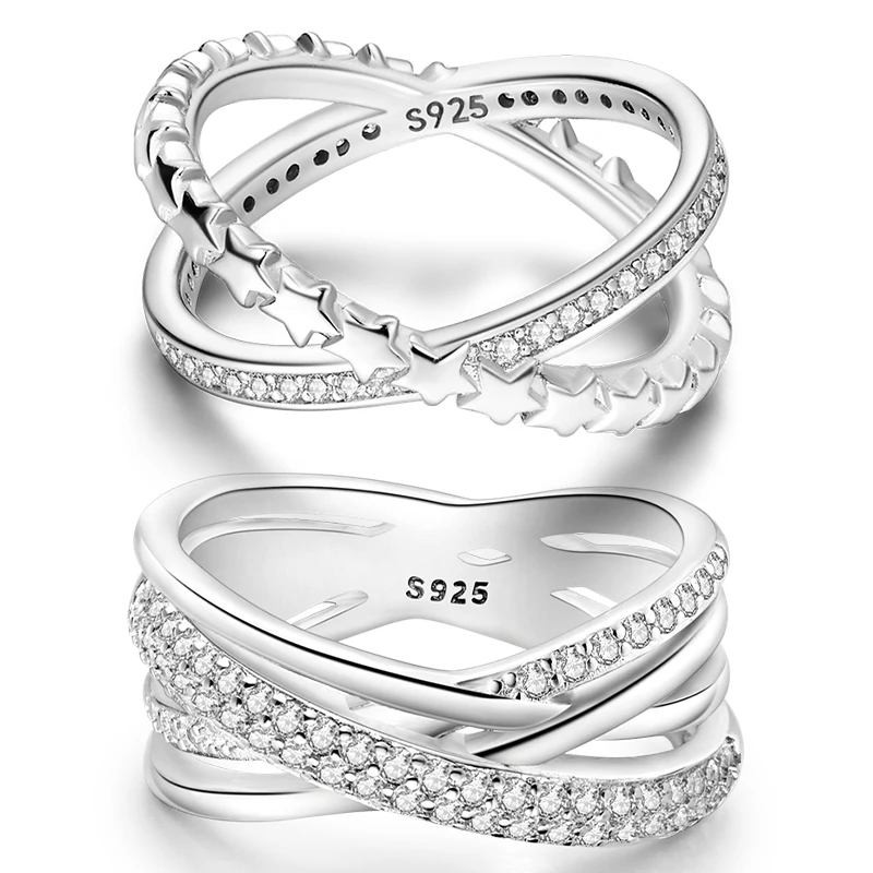 

Original 925 Sterling Silver Tightly Inlaid Multi Ring Crossed Wide Rings For Women Exquisite Wedding Anniversary Jewelry Gifts