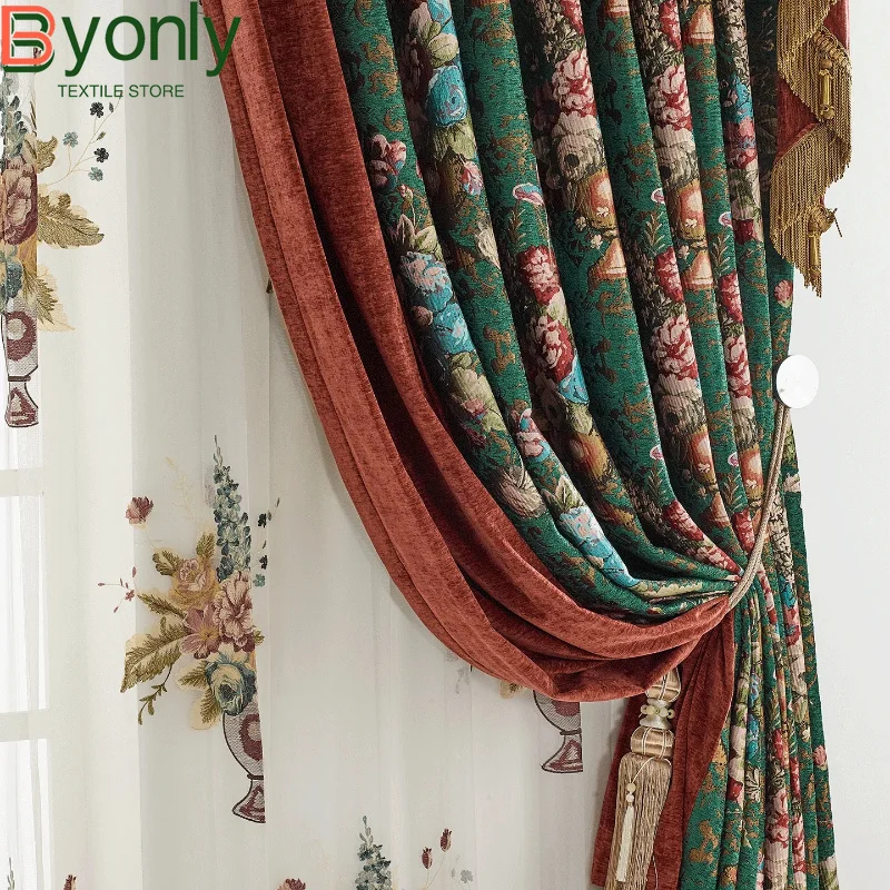 European Chenier Green Jacquard Gold Splicing Chenier Curtains for Living Room Bedroom Partition Curtain Customization Valance