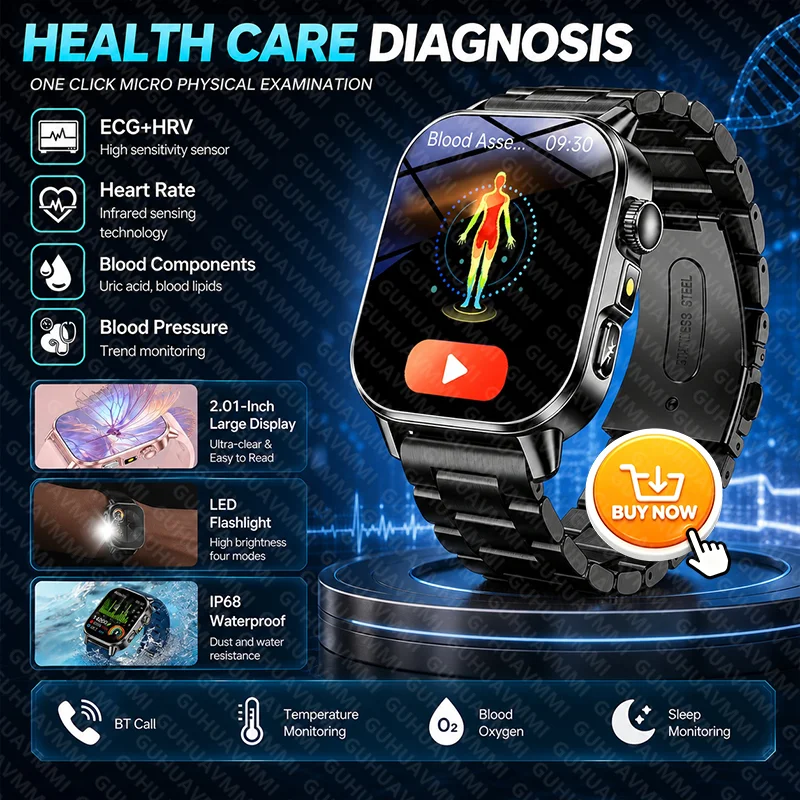 2026New AI Diagnosis Smart Watch ECG Blood Fat BP Three Highs Blood Oxygen Heart Rate Temp Health Monitor BT Call Men Smartwatch