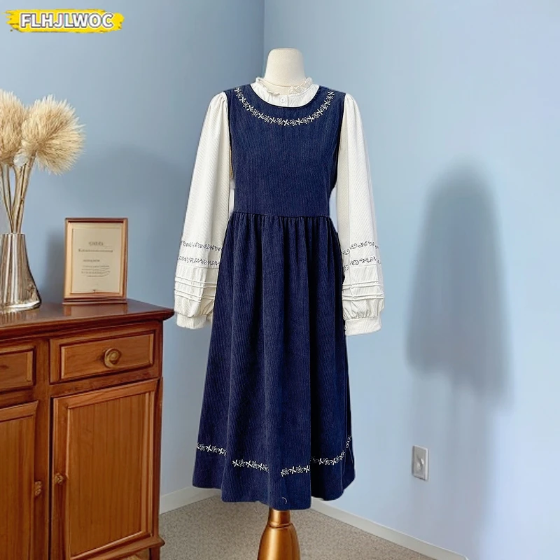 Tweedelige shirtjurken Art Mori meisjes lange jurk vrouw retro vintage Japanse stijl schattige zoete ruches borduurwerk corduroy jurk