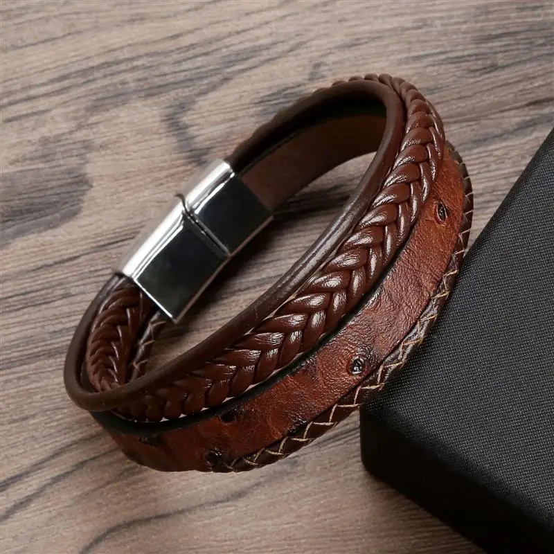 2023 New Men Leather Bracelets Braided Rope Bangle Multilayer Black Brown Color Vintage Punk Unisex Jewelry Wristband Gifts