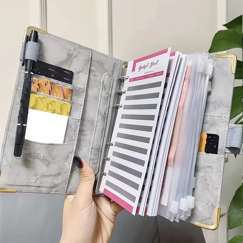 A6 Marble Pattern Leather PU Binder with Zipper Envelope | Budget Planner Notebook for Saving Challenge, 6-Hole Punch, Hardcover