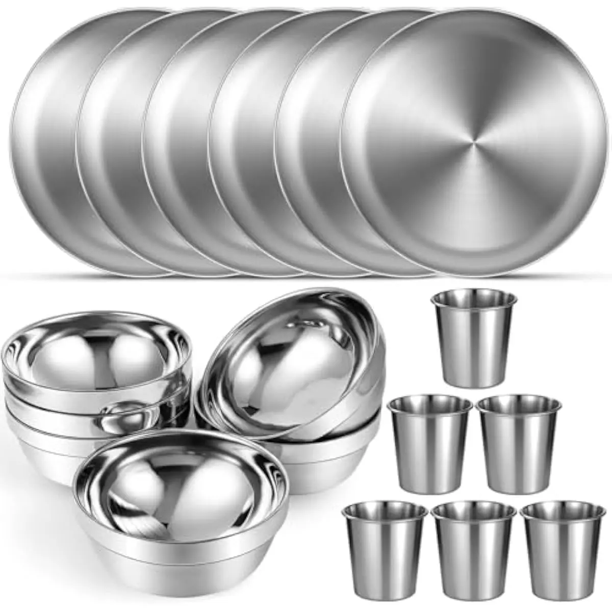 6-piece stainless steel tableware set featuring insulated double-walled bowls cups and plates silver finish durable 201-grade me