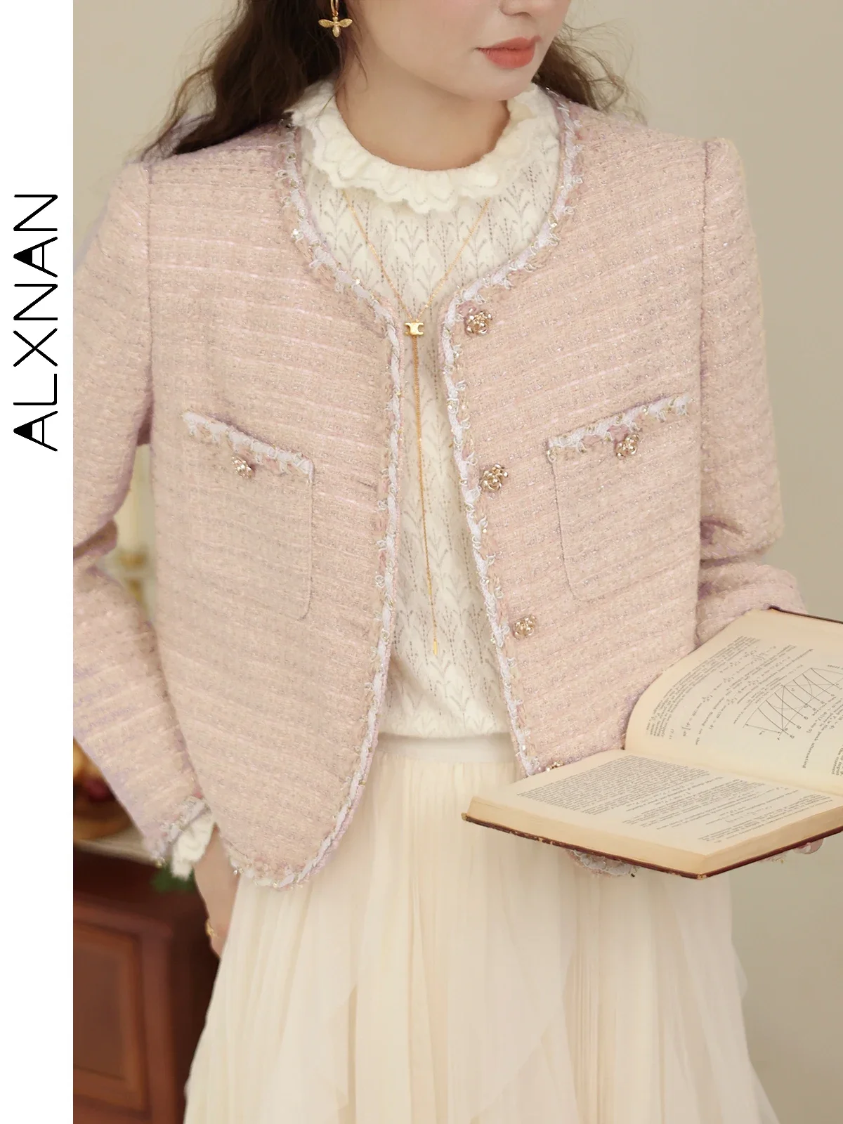 

ALXNAN Pink Elegant Cropped Tweed Jackets Woman 2024 Autumn Winter Round Neck Straight Long Sleeve Coat Sold Separately LXN31368