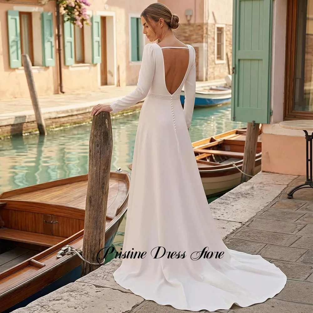 Modest Deep V-Neck Jersey A-Line Wedding Dress with Long Sleeves Lace Waist Backless Bridal Gowns Customized Vestido De Novia