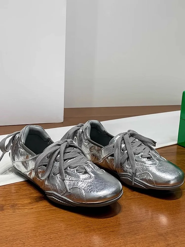 Vintage Designer Women Silver Lace Up Low Cut Cowhide Genuine Leather Outdoor Running Shoes Jogging Trainers Skateboarding Shoes