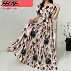 THHONE Vestidos Robe Maxi Langes Kleid Frauen Sommer Indische Kleidung Böhmischen Baumwolle Leinen Floral Kurzarm Koreanischen Stil Casual