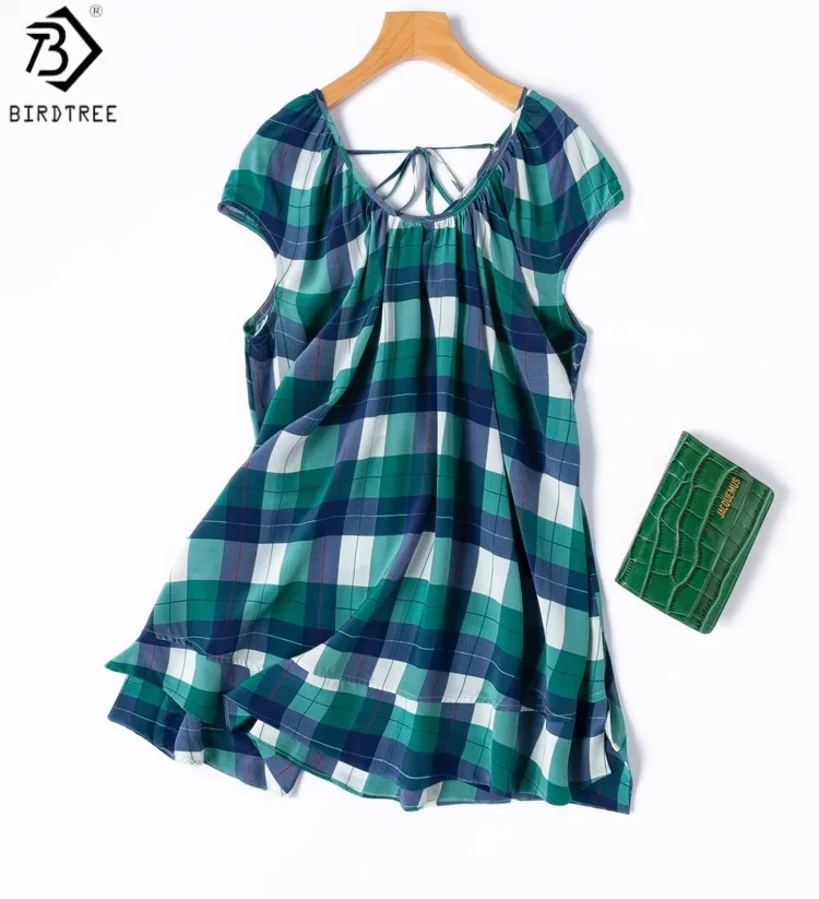 

Birdtree Summer 100% Mulberry Silk Tshirt,Women Double Crepe Short Sleeve Grid Printing Loose V-neck Shirt,2025 New T56622JF