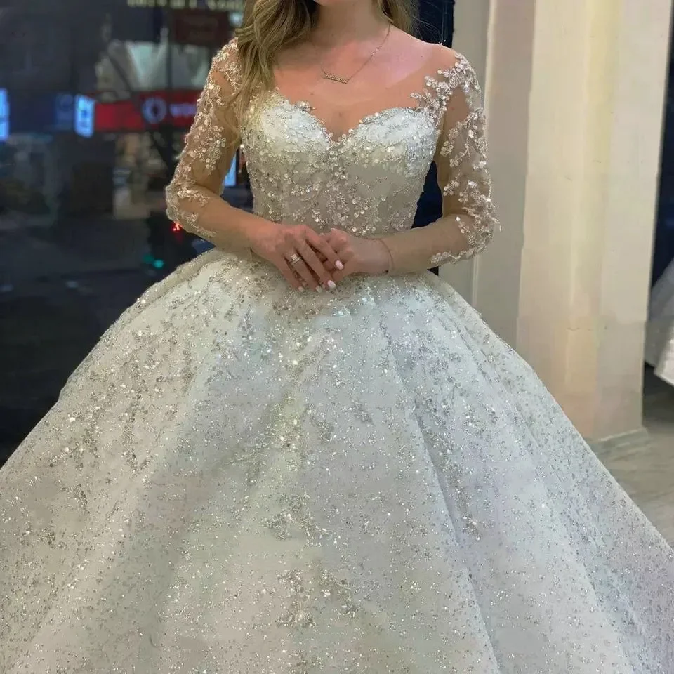 BIAOFEI-vestido de novia personalizado con cuentas brillantes, mangas largas con cordones, vestidos de novia con cuentas para desfile, 2025