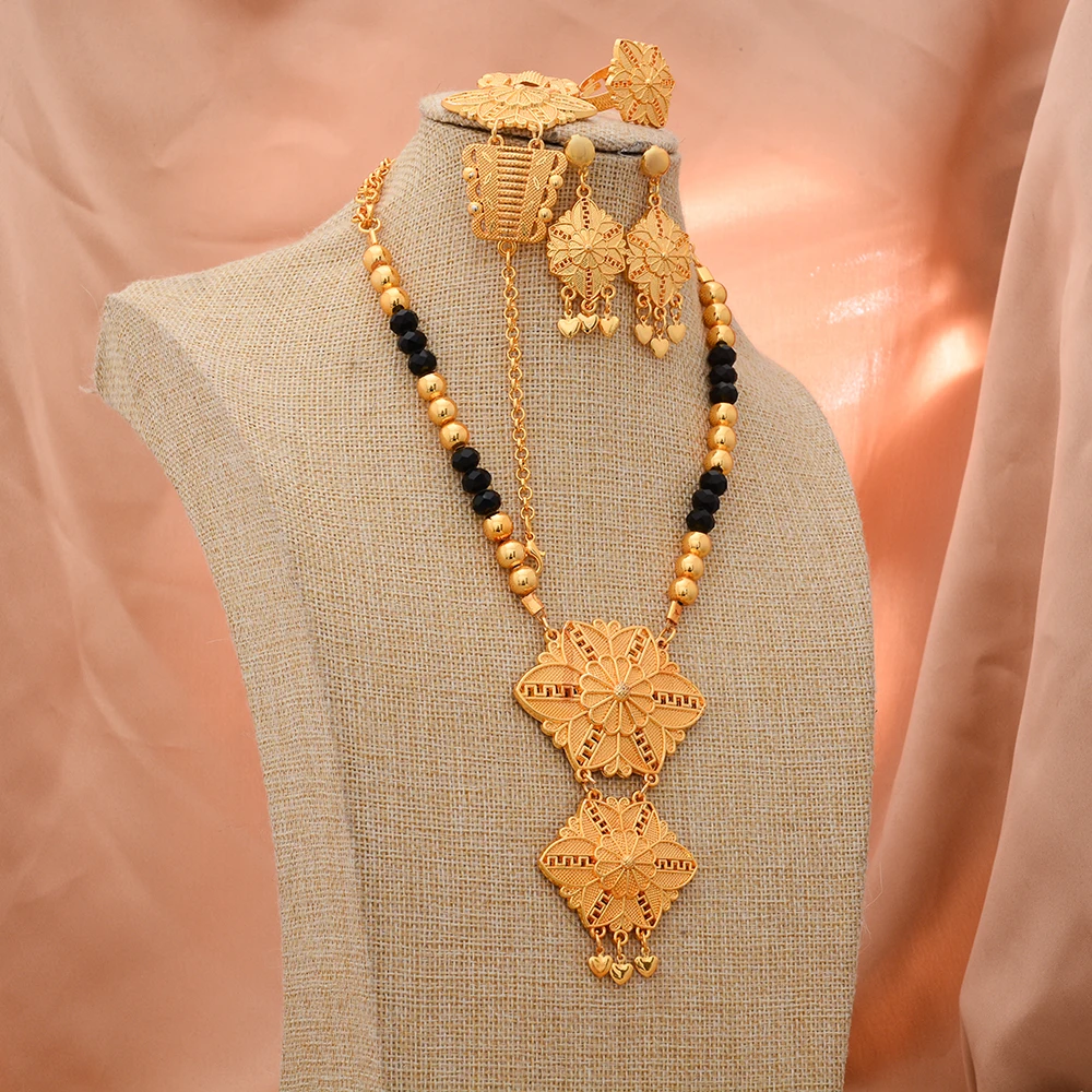 

Dubai Jewelry sets gold color for women Necklace Earrings Flower African Bride wedding gifts party Ornament jewellery set