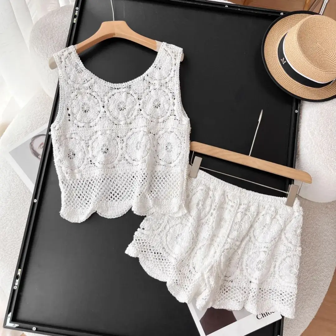 Summer Holiday Knitted Two Pieces Sets Hollow out Sleeveless Tank Top + High Waist Shorts Bohemian fringed Women Beach Set