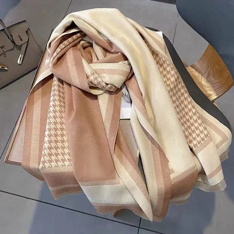 Luxury Brand Scarf Autumn and Winter Houndstooth H Letter Color Block Cotton Woven Outdoor Warm Large Shawl Scarf Women Luxury