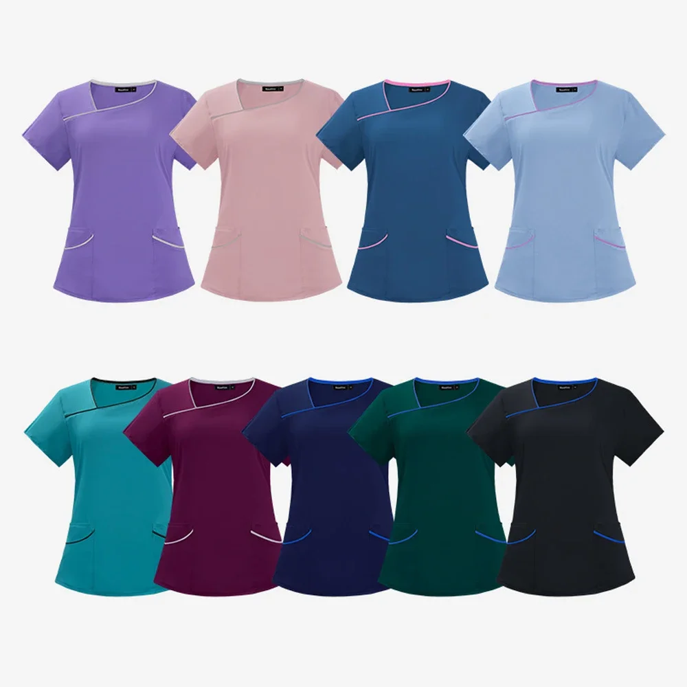 زي ممرضة نسائي بأكمام قصيرة ورقبة على شكل حرف V ، ملابس عمل ممرضة ، لون واحد ، بلوزة تمريض طبي ، زي عمل ، وزرة رعاية ، طقم سكرابز