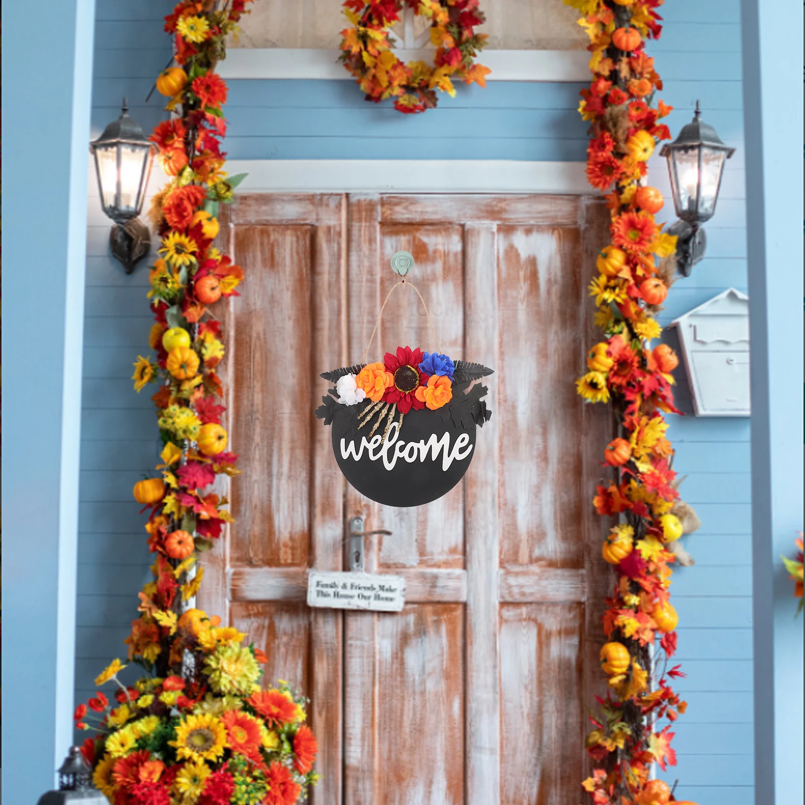 

Halloween Front Door Decor Hanging Sign Ornament Red Flower Hand Wood Pendant Home Balcony