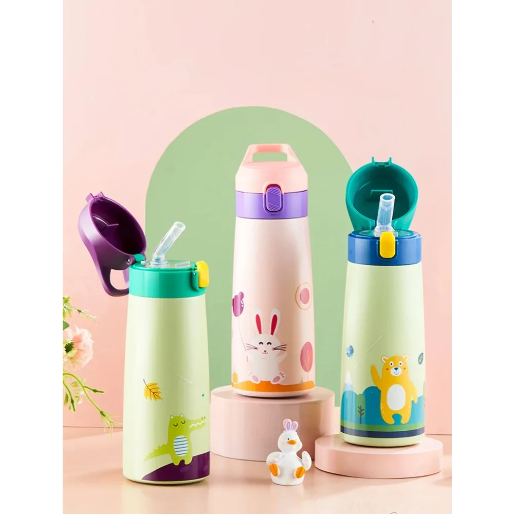 

Kids Stainless Steel Straw Thermos Mug With Case Cartoon Leak-Proof Vacuum Flask Children Thermal Water Bottle Thermocup