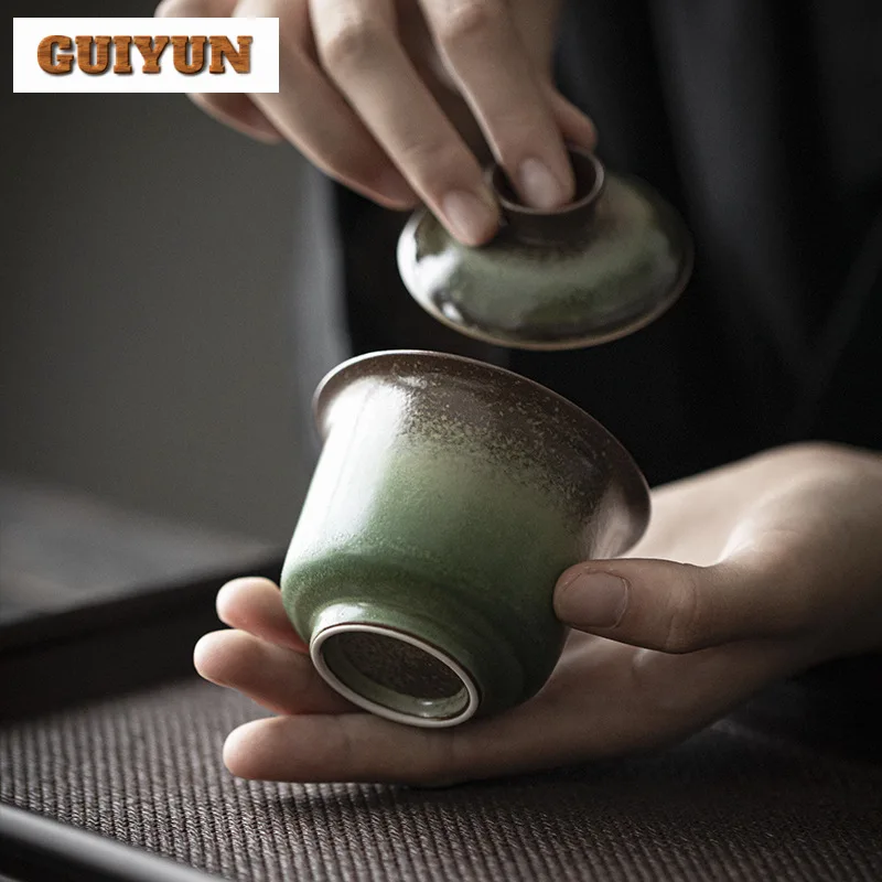 100ml Retro Kiln Change Glazed Ceramic Gaiwan Elegant Literati Hands Grabbing Tea Tureen Tea Brewing Cover Bowl Teaset Craft