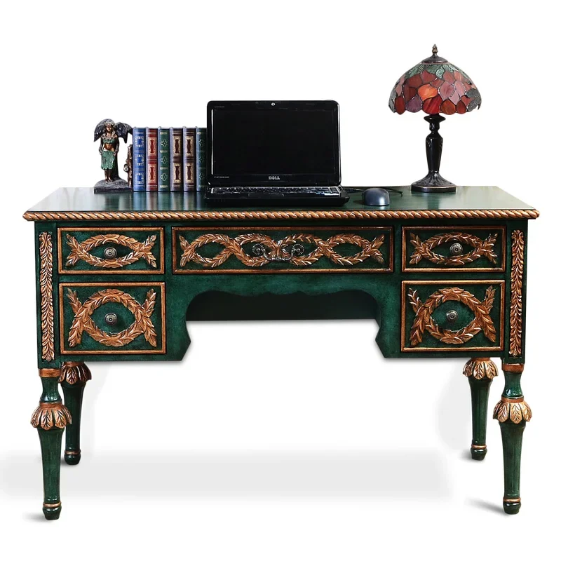 American solid wood desk study European simple desktop office computer table and chair retro green writing desk drawer home