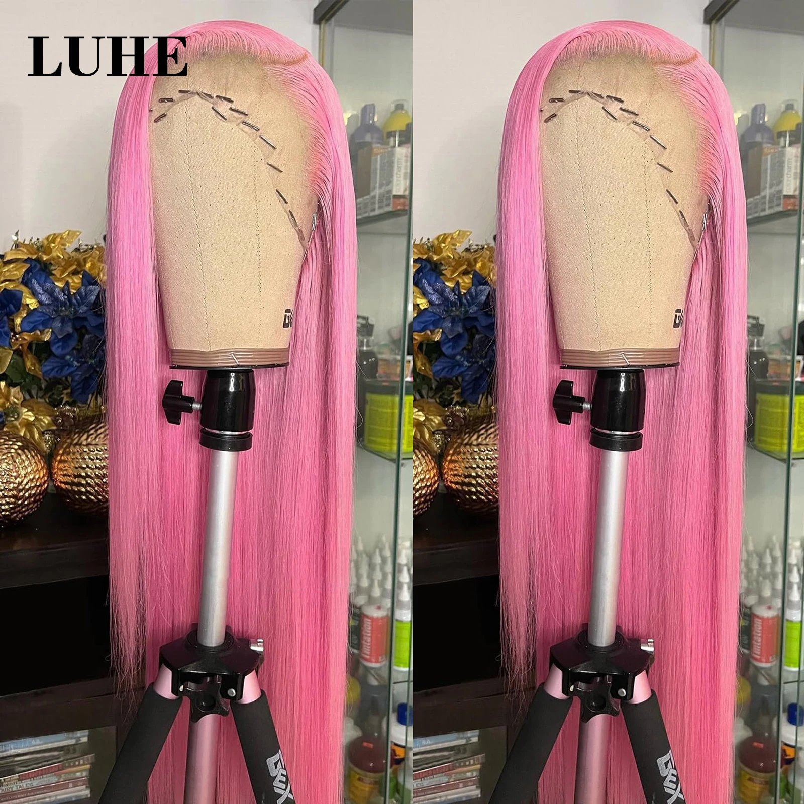 Wig renda depan merah muda 13x3 rambut palsu lurus panjang sintetis Wig Frontal tahan panas pra-pencabutan untuk wanita mode