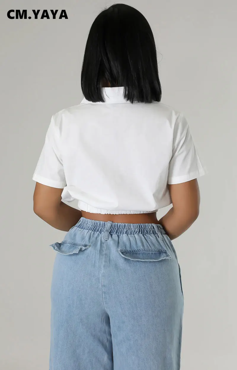 CM.YAYA Women Sweetheart Diamonds Short Sleeve V-neck Blouse and Shirt Street Basic Crop Tops  2024 Fashion Casual Summer