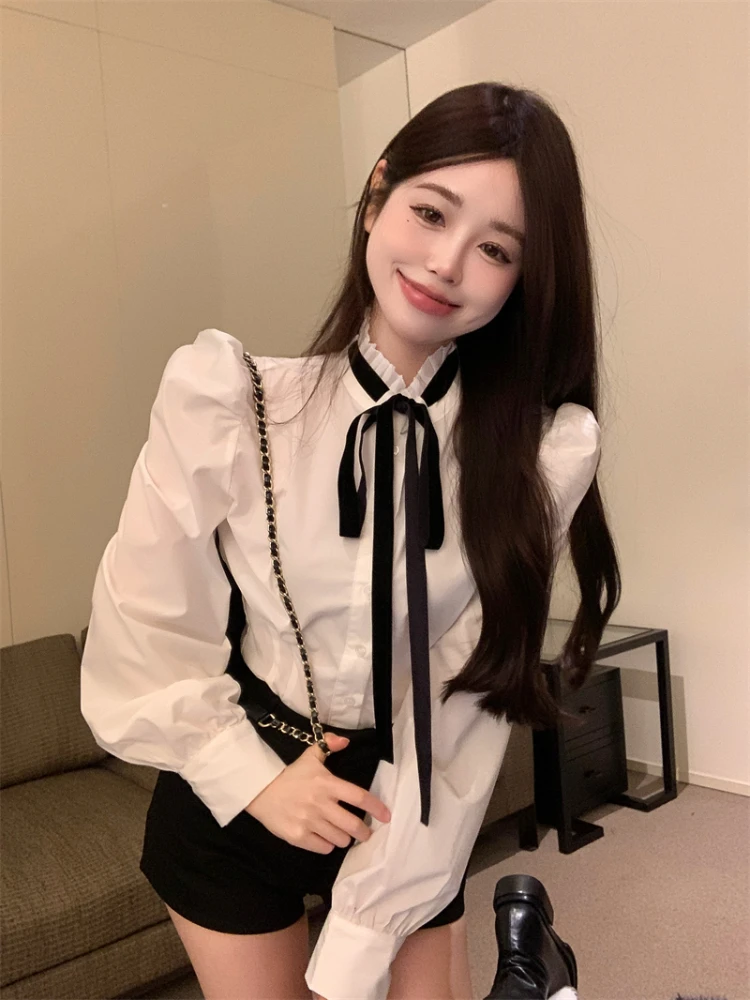 Woherh Women Spring Puff Sleeve Blouses 2024  Loose Temperament  Bow Ladies Tops Ruffles Sweet White Blouse Korean Vintage Shirt