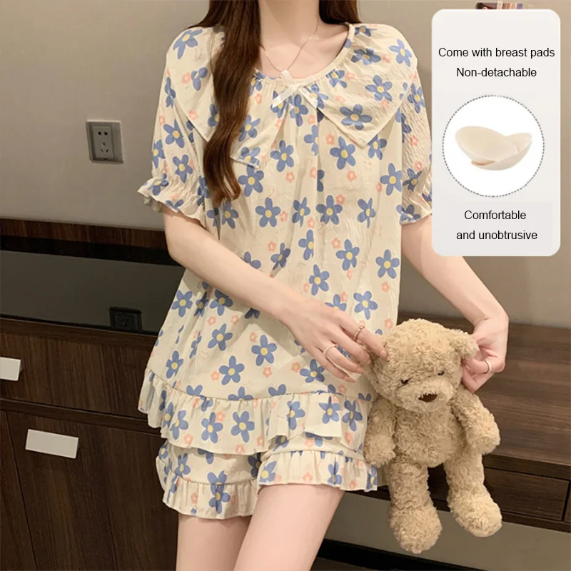 2 قطعة مجموعة الصيف قصيرة الأكمام الحلو الأميرة نمط فضفاض السراويل بيجامة مع الصدر ملابس المنزل 2025 ملابس خاصة جديدة