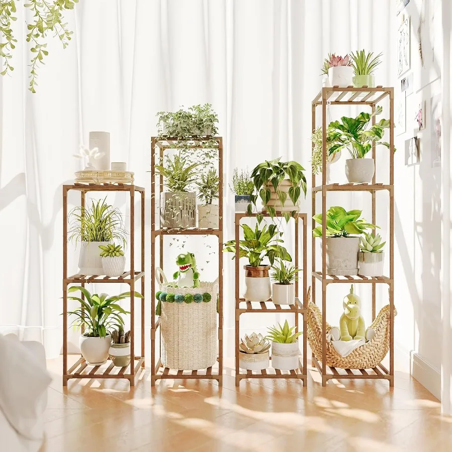 

4 Sets Tall Plant Stands Indoor Outdoor Combo Plant Shelves Wooden Plant Holder Rack for Multiple Plants Flower Stands