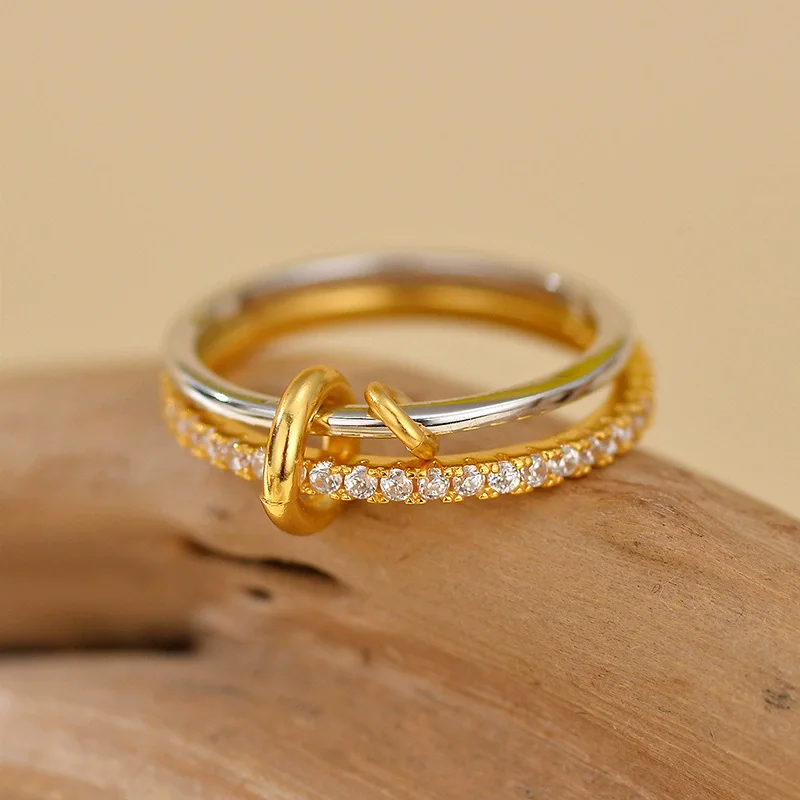 

Женское кольцо из стерлингового серебра S925, позолоченное циркониевое кольцо с цветными блоками, два кольца, популярные модные украшения