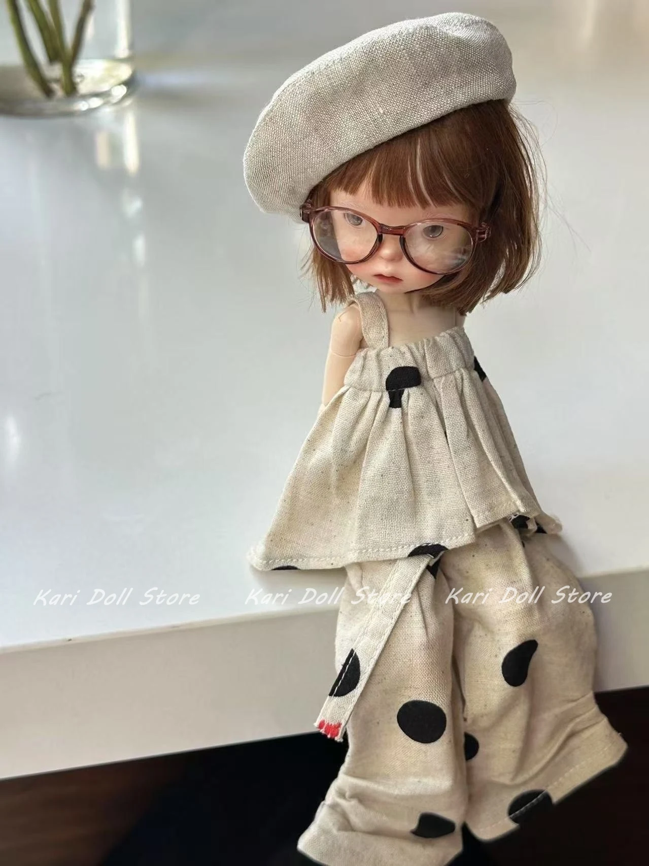 Kari Doll Clothes and skirts Beige cotton-linen tube top and pants set with large polka dots for Landazz Landoudou Doll - Detail 1