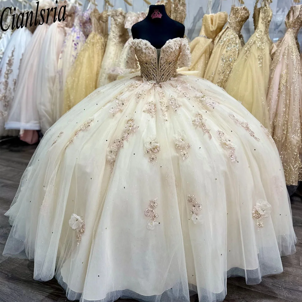 

Бальное платье Quinceanera с цветочной аппликацией и бисером, корсет с открытыми плечами, милое платье 16 лет 15 лет