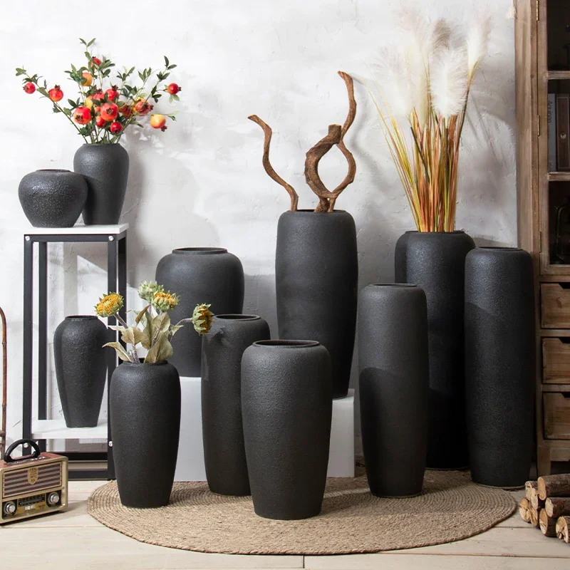 

Floor To Ceiling Vase Black Coarse Pottery Jar Hotel Living Room Decoration Japanese Modern Minimalist Decoration Grand Vase