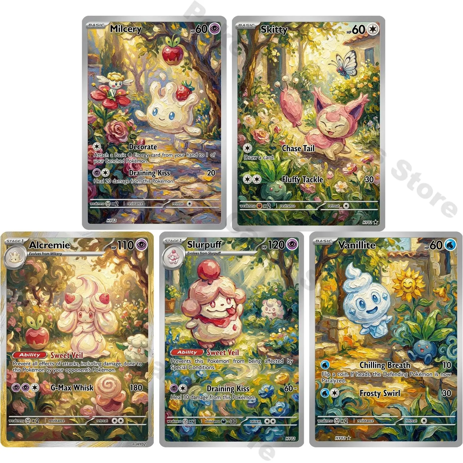 PTCG Cards PTCG Oil Painting Style Milcery Skitty Alcremie Slurpuff Vanillite Collection Cards Rare Cards Set PTCG Gift