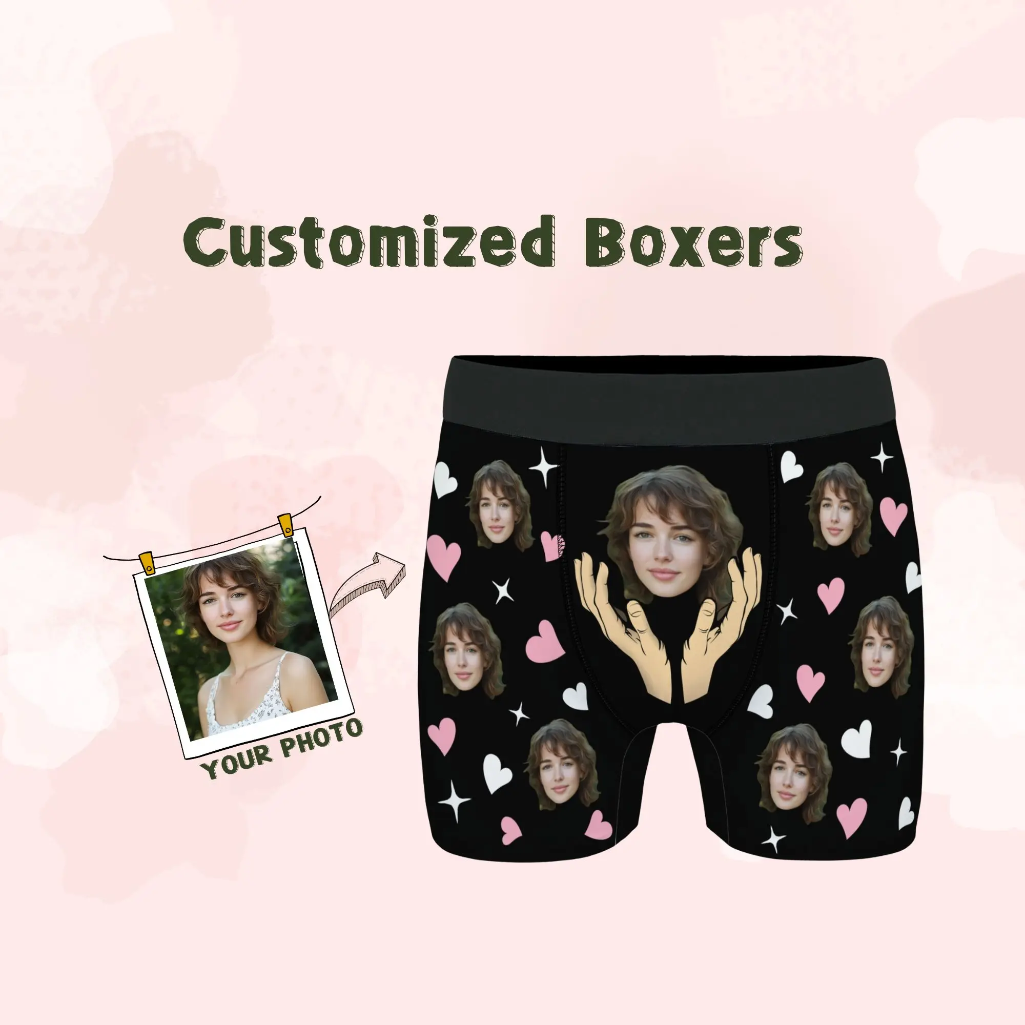 

Personalized Valentine's Day Gift for Him Custom Face Boxer Briefs Men Underwear Black Pink White Heart Star & Hand-Holding Face
