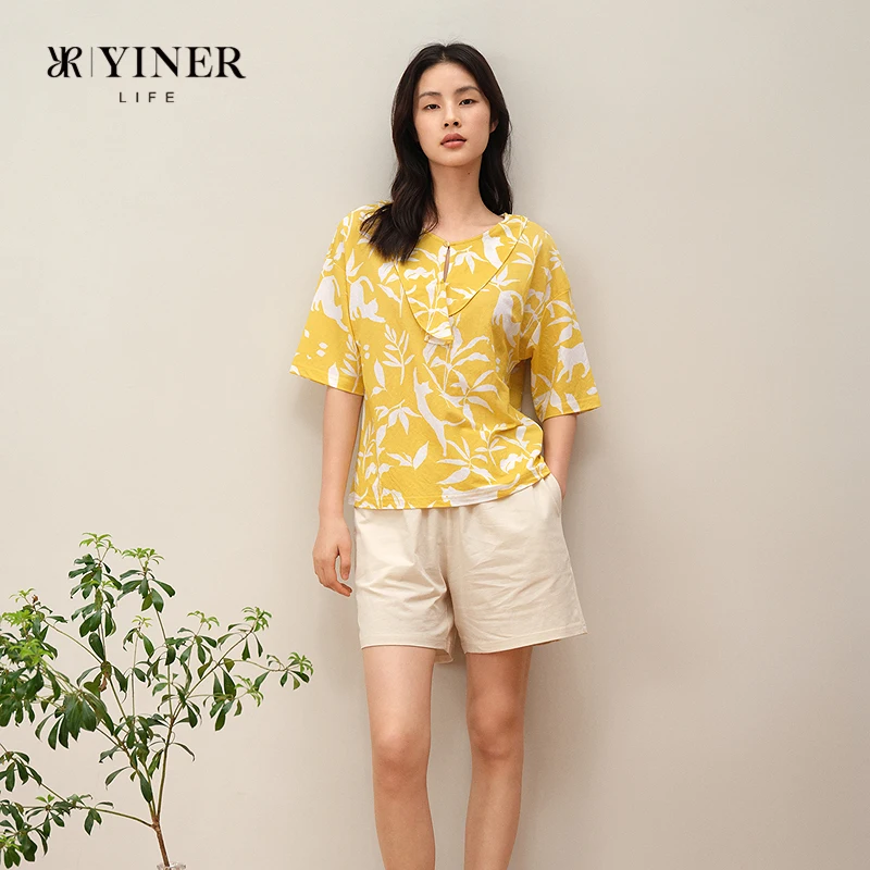 

Ladies' home wear set, summer short-sleeved shirt and shorts, breathable, printed, can be worn as outer clothing or pajamas