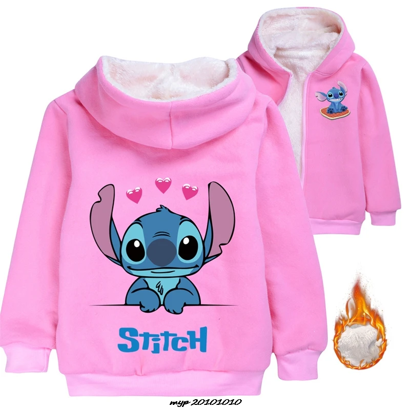 

Hot Lilo And Stitch Winter fleece Jackets For Boys And Girls Cartoon Long Sleeve Coat Kids hooded warm jacket zipper windbreaker