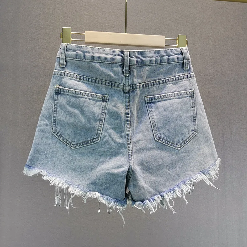 Jeans Shorts Woman 2023 Summer New European Streetwear Style Loose High Waist Sequin Fringed Ripped Denim Hot Pants