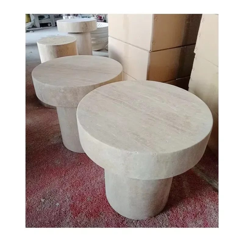Modern White Beige Travertine Marble Stone Living Room Round End Table Coffee Table Bedside Small Side Table
