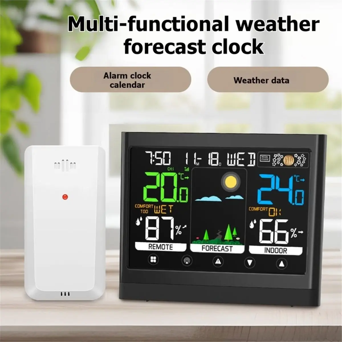 LNHF Digital Weather Clock with Touch Screen Technology for Indoor Outdoor Temperature Humidity Range Monitoring Function