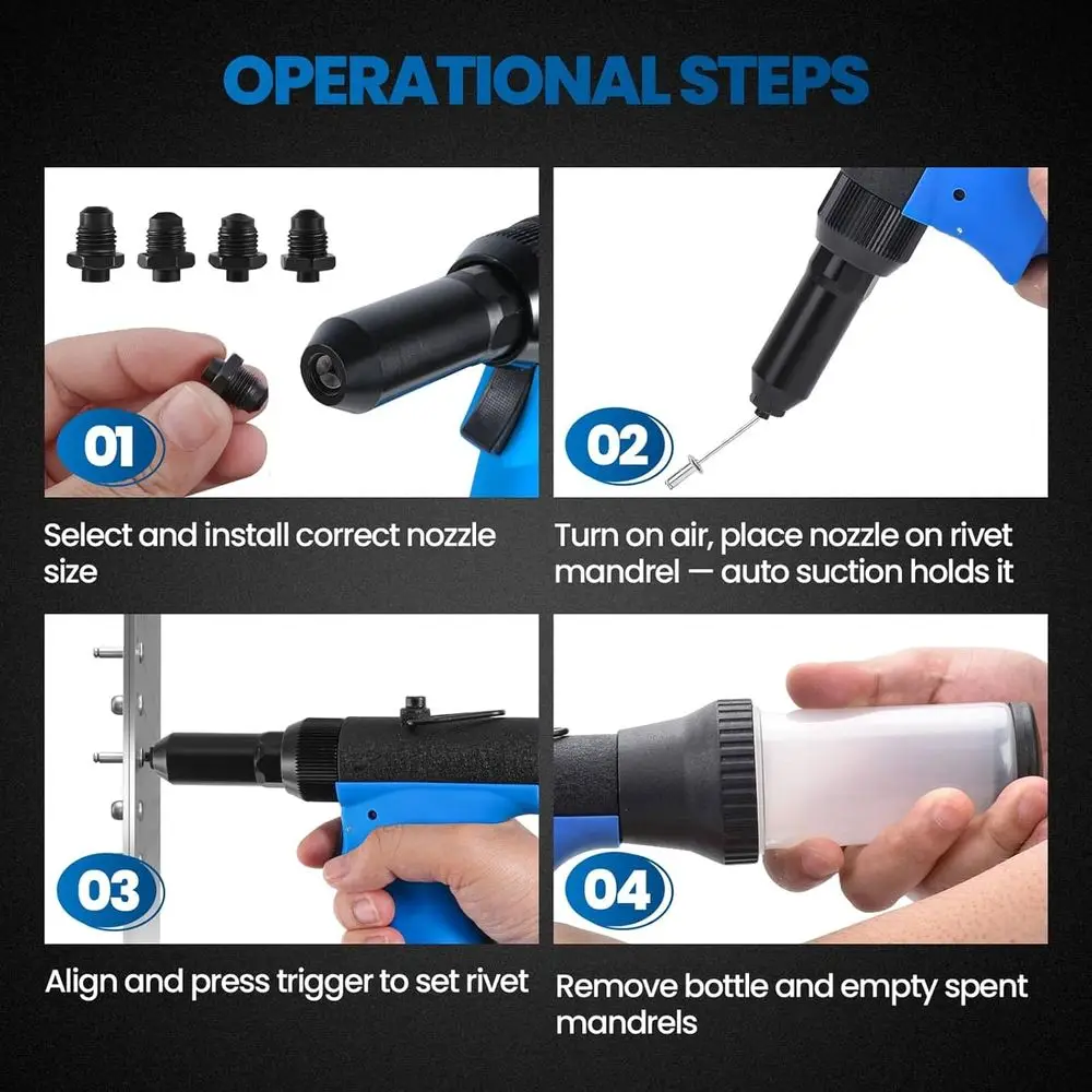 Pneumatic Rivet Gun Air Pop Riveter Tool Kit with 3/32, 1/8, 5/32, 3/16 Rivet Nozzles, Self-Suction Pneumatic Riveting Gun, Upgr