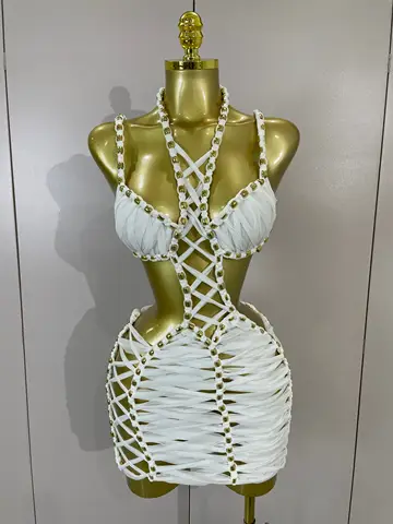 2026 Women Sexy White Halter Neck Perspective Hollow Mini Dresses Summer Backless Nightclub Party Evening Club Performance Dress