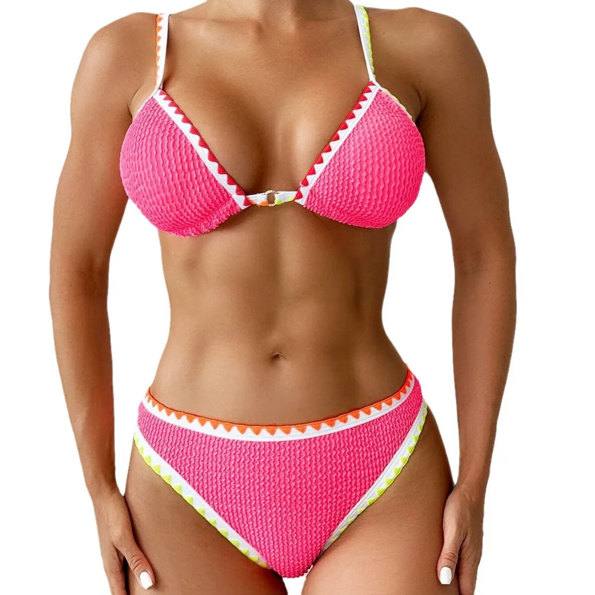 Bikinis deportivos de realce para mujer, traje de baño rosa liso con corte acanalado, ropa de playa, bañador triangular, bikini brasileño 2024